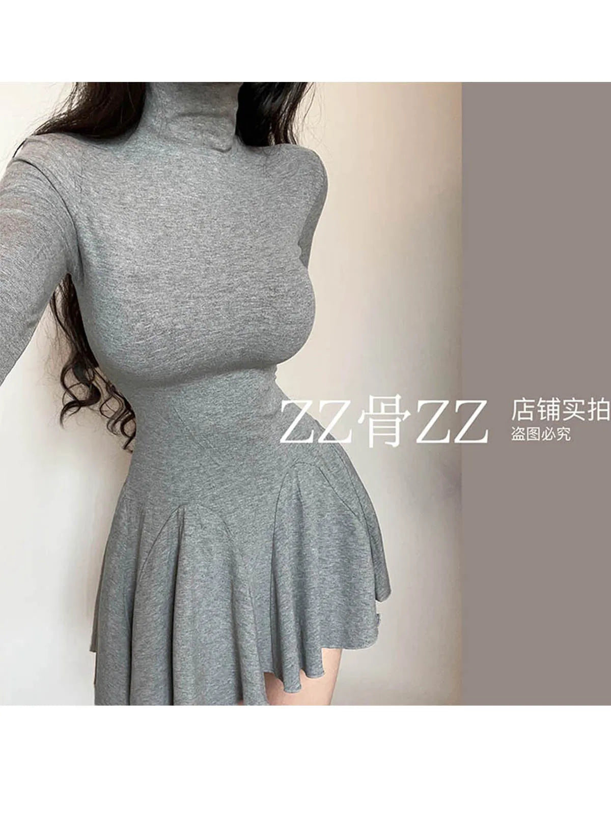 New Dress Elegant Pure Desire Body, High Neck Show Chest, Lazy Long Sleeved Gray Fashion Women Mini Dress Sweet 2024 New 739Y