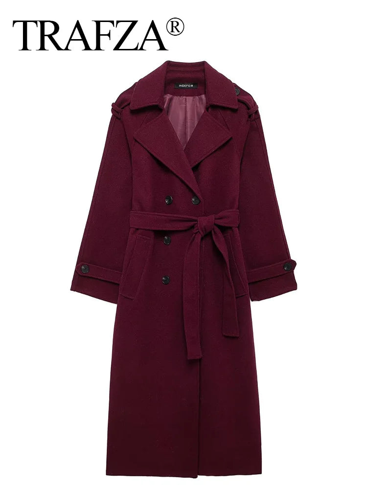 TRAFZA 2024 Women Wine Red Tweed Coat With Belt Turn-Down Collar Long Sleeve Pocket Double Breasted Female High Street Outerwear