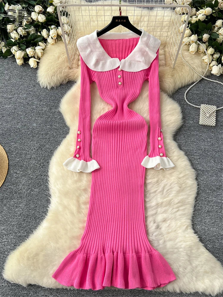 SINGREINY Autumn Vintage Knit Dress Women Pearl Button Design Peter Pan Collar Flare Sleeve Winter Newest Slim Casual Dresses