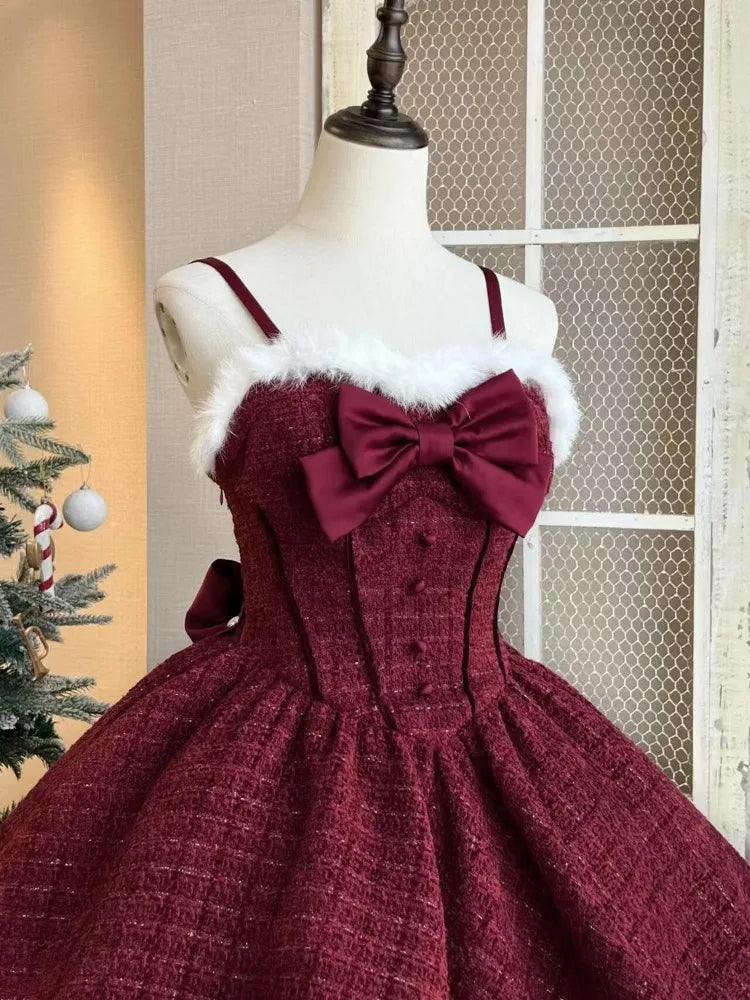 Christmas New Year 3 Piece Set Sweet Lolita Style Dress Sets Womens Elegant Chic Bow Plush Shawl Short Jackets Mini Skirts Suit