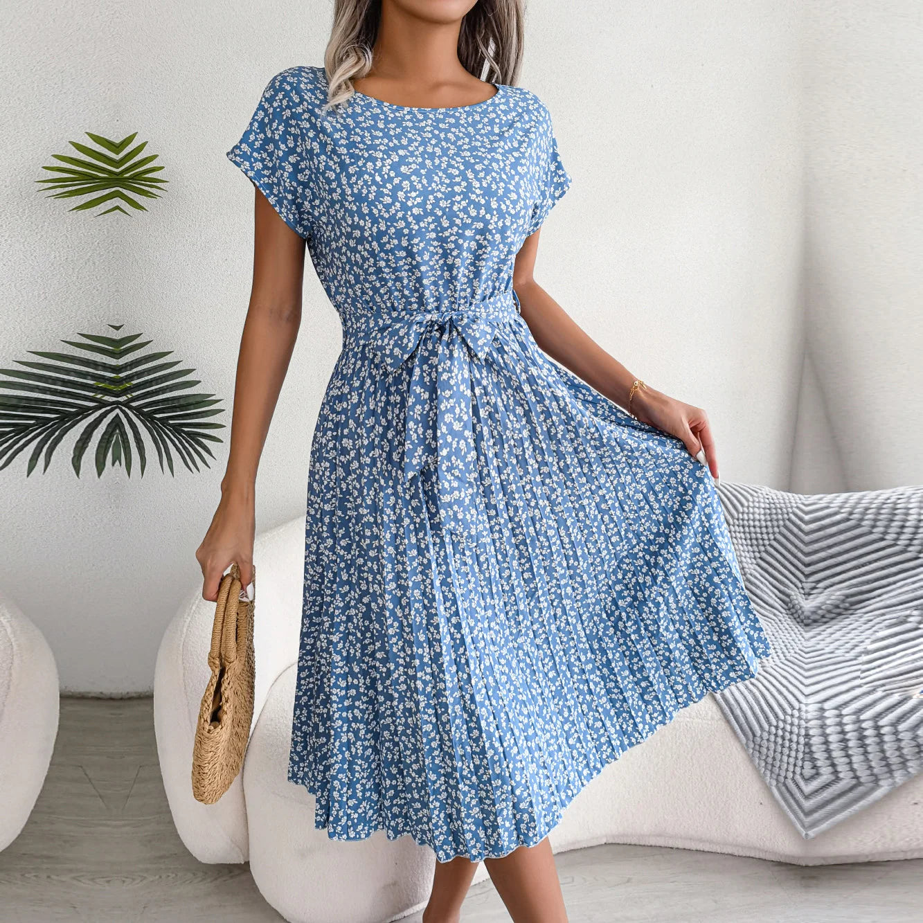 Women Spring Summer Short Sleeve High Waist Chic Dress Fashion Floral Pleated A Line Long Dress