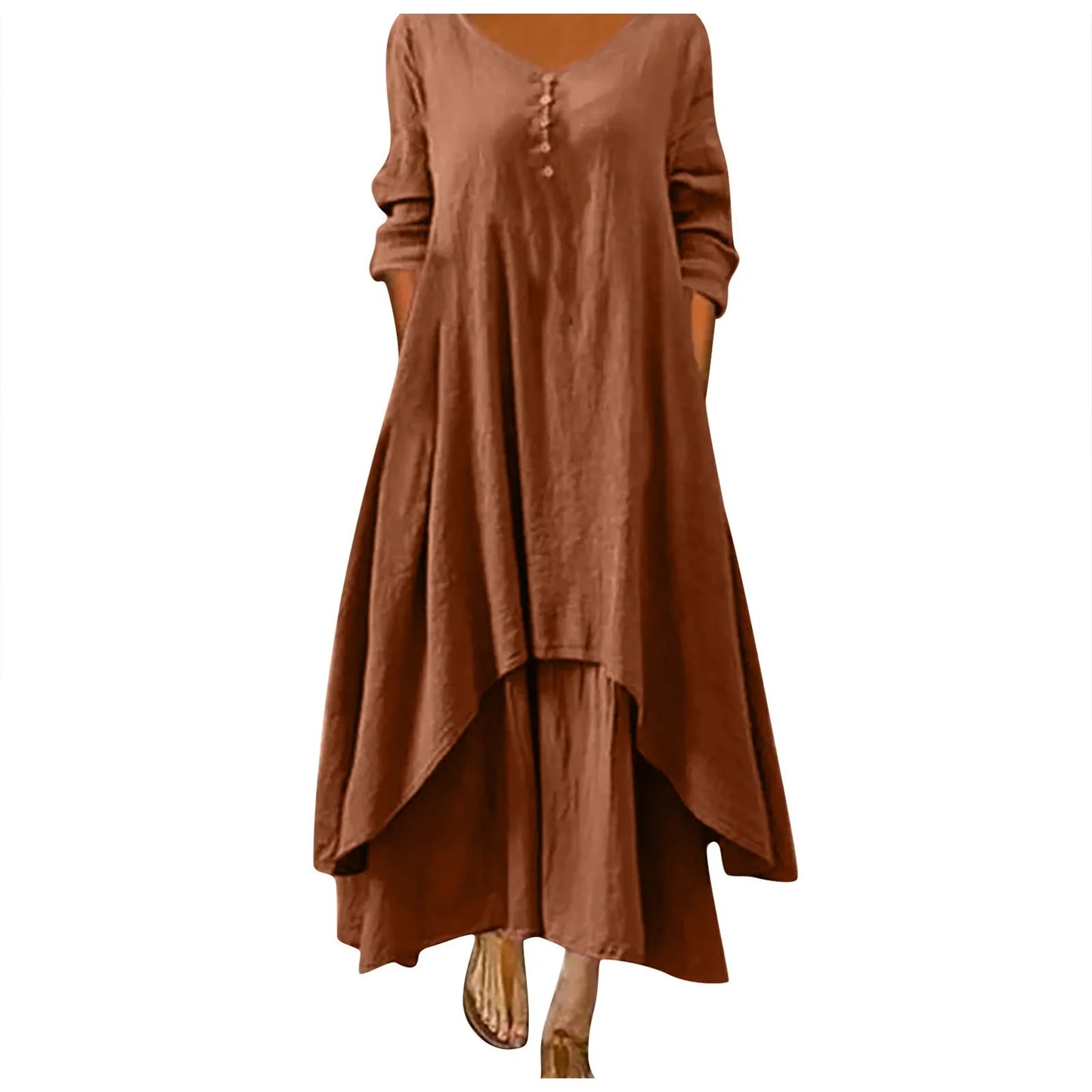 Cotton Women'S Casual Fashion Loose Long Dress With Button Solid Color Dresses