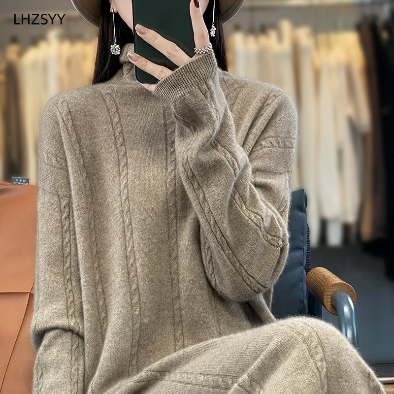 LHZSYY Turtleneck 100% Pure Wool Dress Women's New Autumn Winter Hip Wrap Knit Skirt High-End Sweaters Loose Cashmere Long Dress