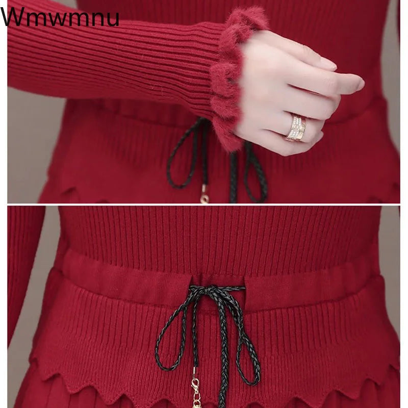 Slim Midi Sweater Dress Elegant Ruffle Long Sleeve Knitted Dress Women Vintage Fall Patchwork Drawstring Waist Bottoming Dresses