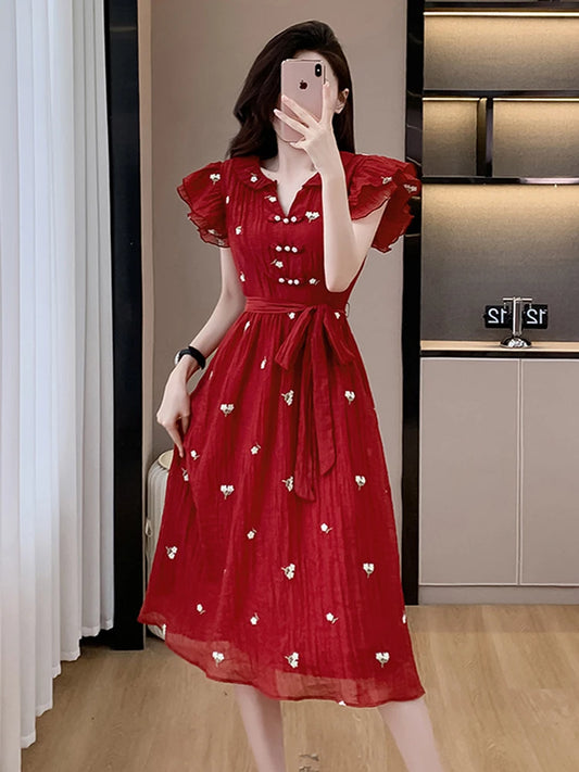 New Fashion Elegant Women V Neck Dress New French Summer Red Short Sleeve Lace Up Slim Waist Office Ladies A Line Vestidos