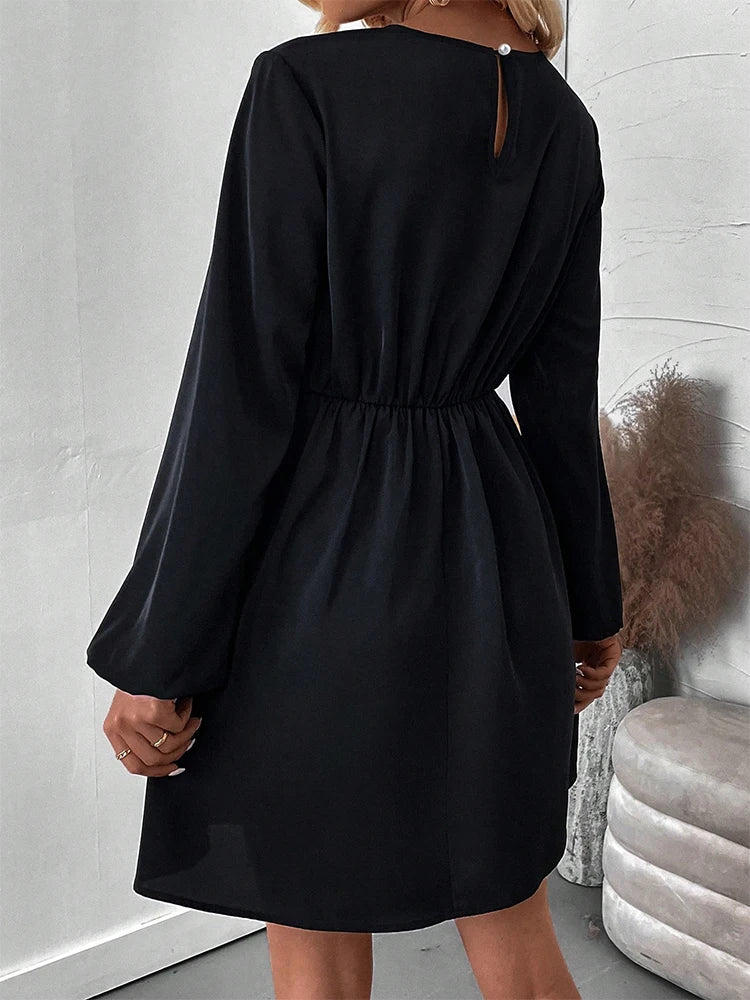 2024 Newest Women's Clothing Elegant Solid Color Long Sleeve High Neck High Waist Dress Waist Ruffle Design