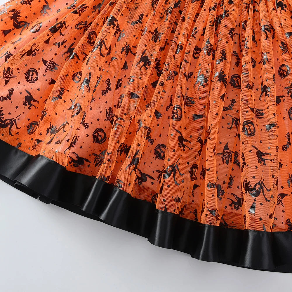 DXTON Halloween Dress for Kid Girls Toddlers Pumpkin Spider Witch Print Tutu Princess Dresses Kids Cosplay Costumes Party Dress