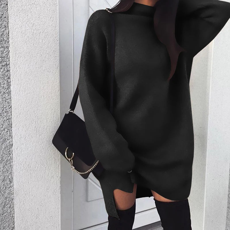 Fleece High Neck Side Slit Casual Long Sleeve Short Dress Women Dress Autumn Winter All-match Simple Basic Sportwear Sweatshirt