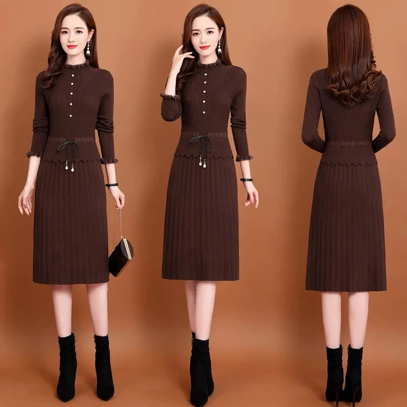 Slim Midi Sweater Dress Elegant Ruffle Long Sleeve Knitted Dress Women Vintage Fall Patchwork Drawstring Waist Bottoming Dresses