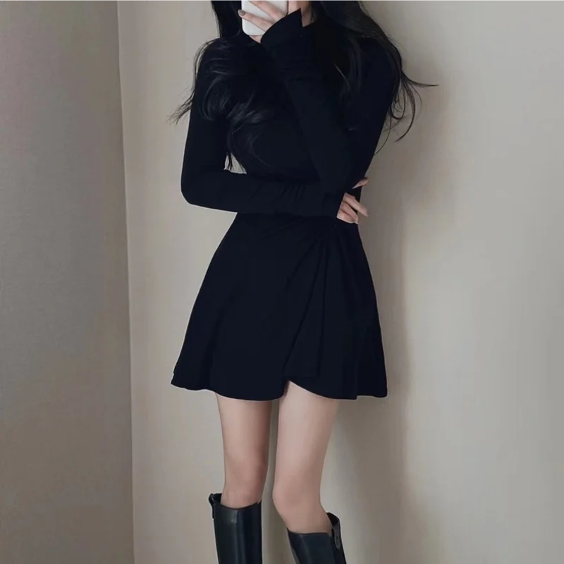 Spring Autumn Stylish Folds Dresses Waist Female Clothing Solid Color Basic Half High Collar Elegant A-Line Korean Mini Dress