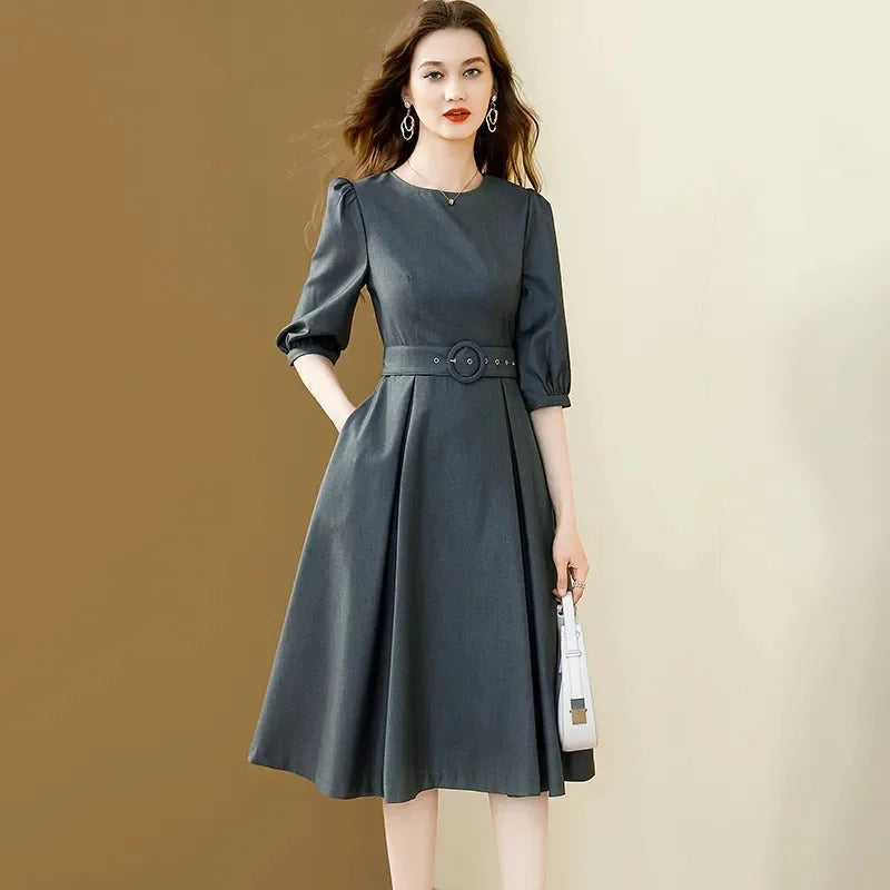 Women Round Neck Solid Color Maxi Dress Spring Autumn Female Medium Long Styles Long Dresses Ladies Fashion Puff Sleeve Vestidos