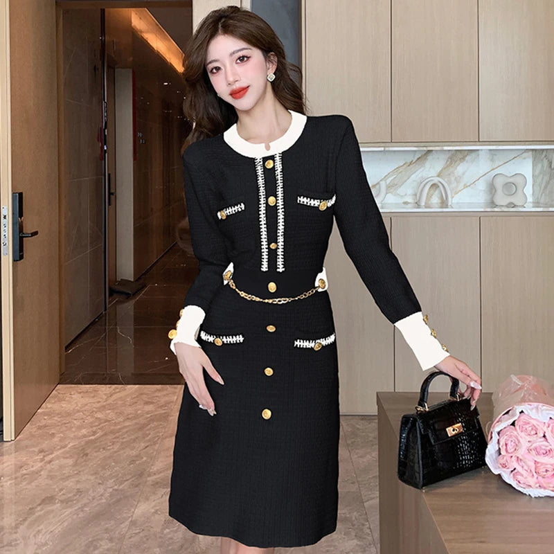 Fashion Autumn Winter Formal Knitted Short Dress Women Ladies Clothes Sweater Vintage O-Neck Skinny Mini Mujer Stretchy Vestidos