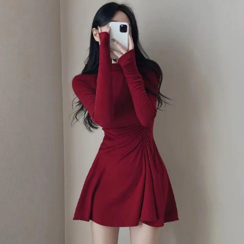 Spring Autumn Stylish Folds Dresses Waist Female Clothing Solid Color Basic Half High Collar Elegant A-Line Korean Mini Dress