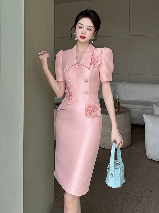 Sweet Work Style Business Formal Lapel Pencil Dress Women Elegant Commute Puff Sleeve Slim Party Birthday Vestido Street Clothes