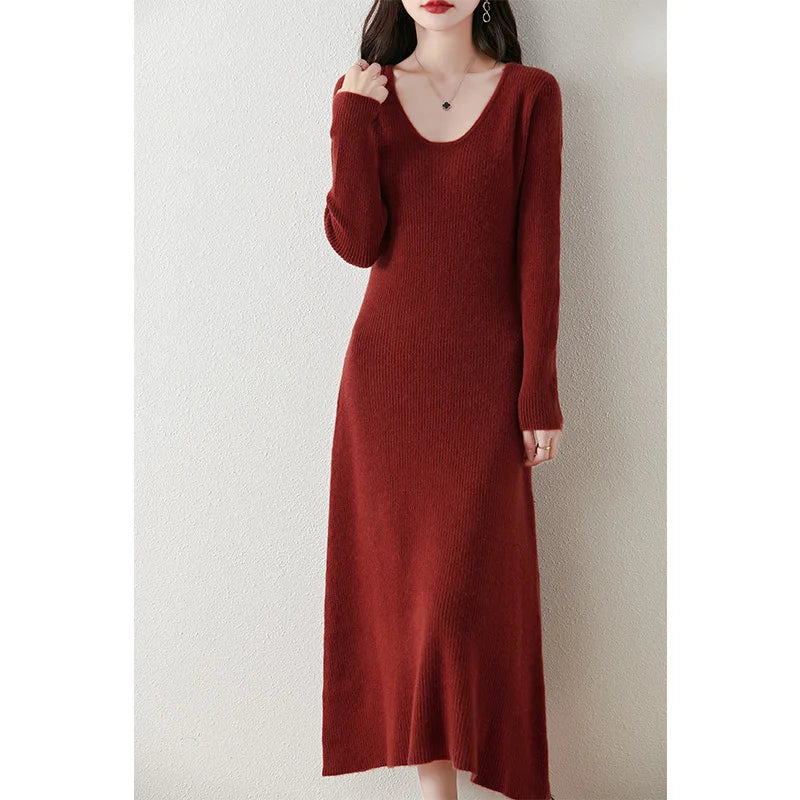 VU Collar Slim Fit 100% Merino Wool Women's AutumnWinter New Style Long Sleeved Warm Solid Color Pullover Fashionable Knit Dress