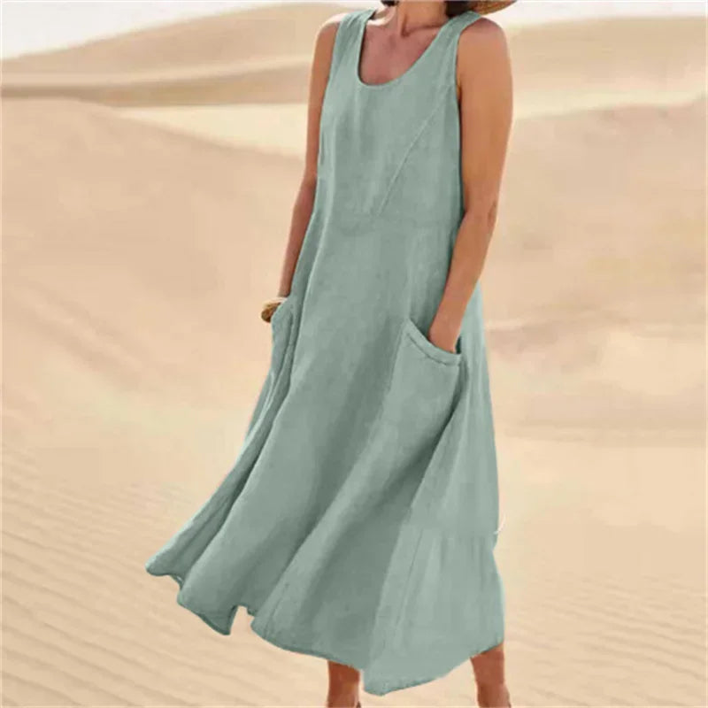 Sleeveless Suspenders Cotton Linen Dress Women Side Double Pocket Splicing Solid Color Dresses Women Summer Casual Commuter Gown