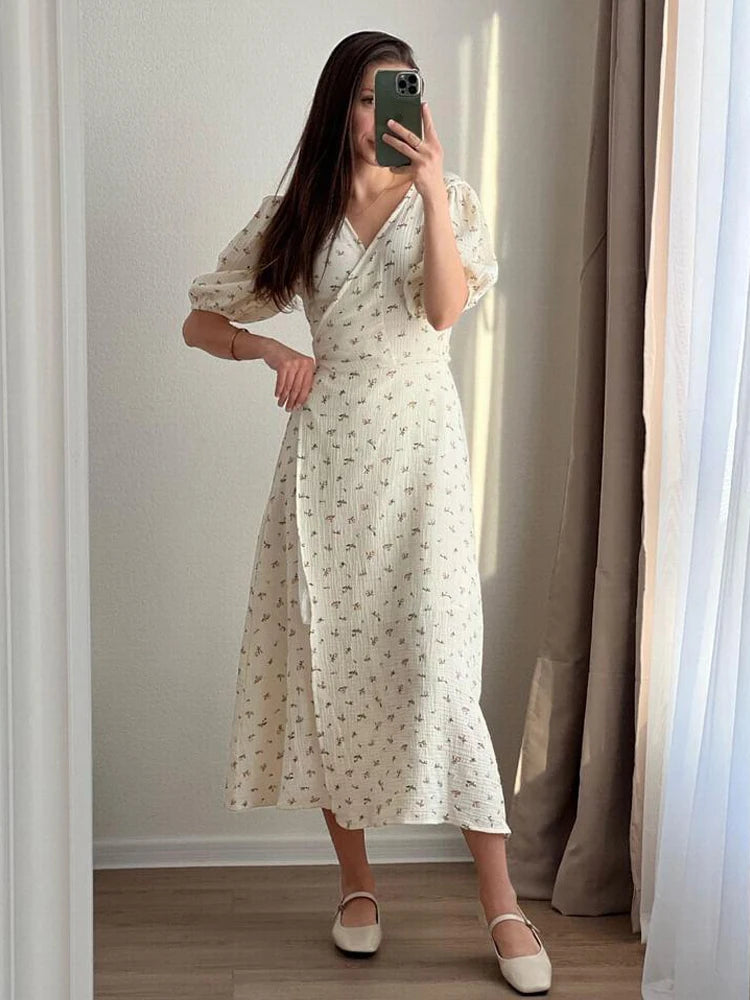 Casual Women's Summer Dresses 100% Cotton Floral Print A-line Midi Dress with Side Slits Long Elegant White Dress for Women 2024