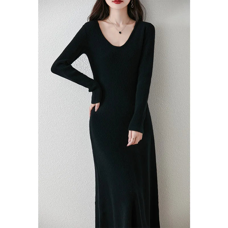 VU Collar Slim Fit 100% Merino Wool Women's AutumnWinter New Style Long Sleeved Warm Solid Color Pullover Fashionable Knit Dress