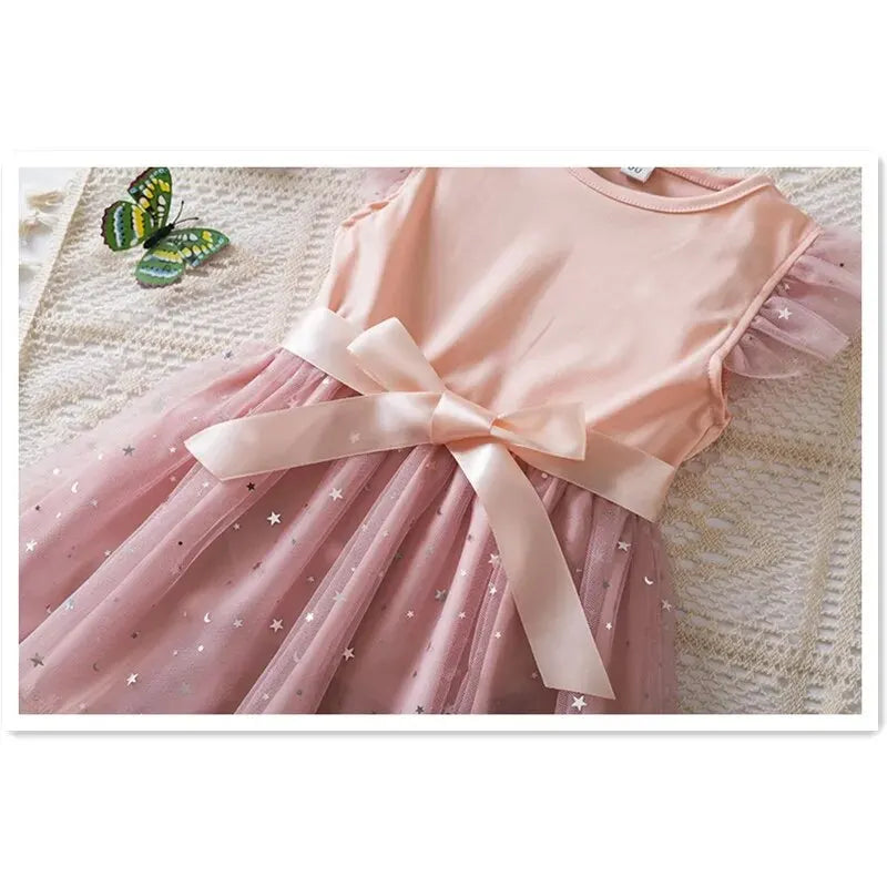 2024 New in Dress Solid Sequin Summer Dress 2 4 6 Years Kid's Princess Dress Fly Sleeve Elegant Cute Birthday Party Dress