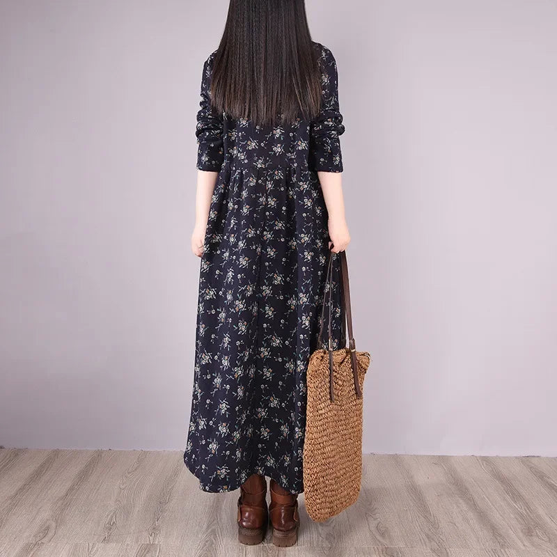 Chinese Style Cotton Linen Vintage Loose-Fit Fleece-Lined Thickened Long Sleeve Dress 2023 Winter New Women's Long Dress